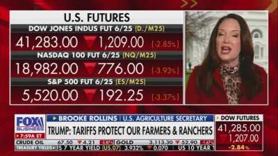 Agriculture Secretary Brooke Rollins next to a ticker showing the Dow down 1,200 points: "We are really, really excited, and very grateful for President Trump's leadership."