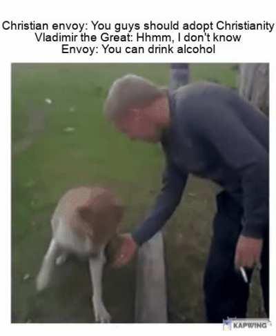 'Yeh, yeh, we'll be Christian. Now, where's the wine?'