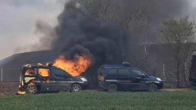 A mobile gendarmerie truck was set on fire during violent clashes between demonstrators and police in SainteSoline. (France)