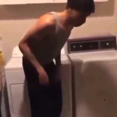 He got caught wit the washing machine 