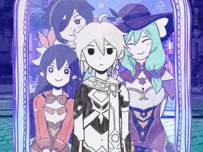 A floating mirror. Your party smiles warmly behind you. (Drew/Animated the starter characters in the OMORI style.)