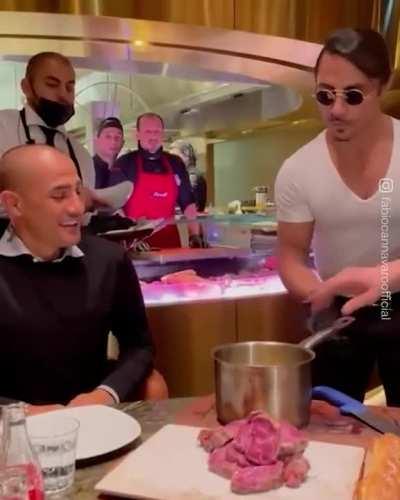 Very expensive raw meat with hot butter and salt