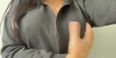 Unzipping and revealing my big tits [OC] 🤐💖