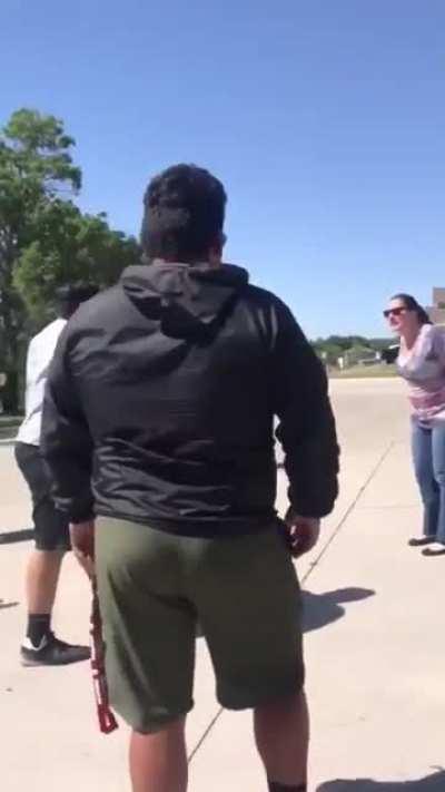 Big dude takes down two guys trying to jump him