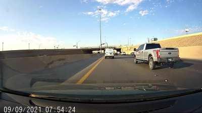 Van speeding in an exit lane and crossing lanes without looking runs me into the emergency lane.