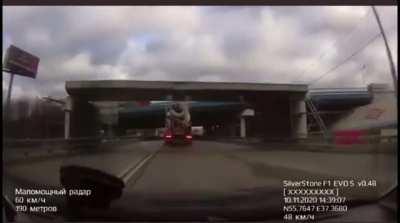 Cement truck collapses bridge(?) onto car behind it