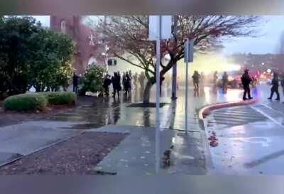 Oregon riot police advancing against Trump's violent MAGA covidiots and arresting some of Trump's domestic terrorist thugs