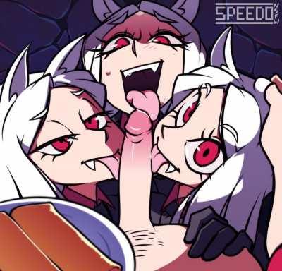 Three demon sucks one cock