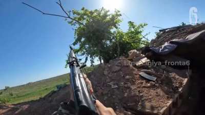 RU POV: 6th Motorized Rifle Division fighters defending their position from enemy FPV drones with small arms fire.