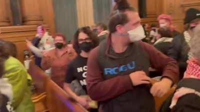 San Franciscans celebrate after the city council votes 8-3 in favor of a ceasefire in Israel/Palestine