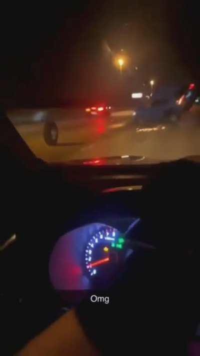 SUV runs over a lose tire on the highway, flips over