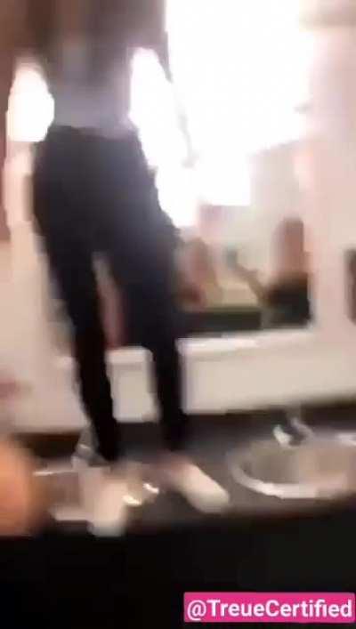 Trying to sit on the washroom vanity when you're a little overweight