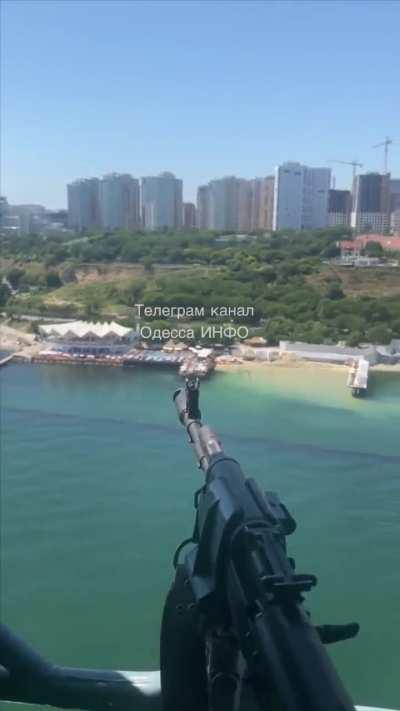 Ukrainian Mi-8 door gunner view of a patrol along the Odesa coast.