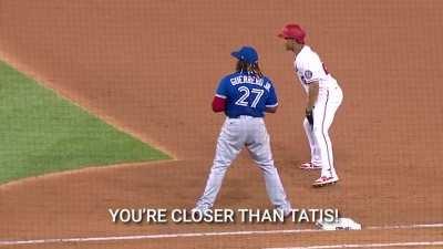 Vladimir Guerrero Jr. having a funny conversation with Juan Soto