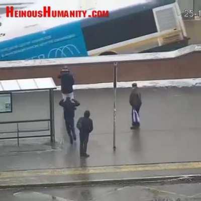 Bus loses control and runs over a staircase full of people