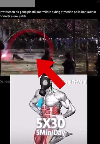 a young protestor,5x30'ing the police despite the pepper spray and plastic bullets.