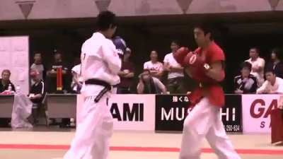 ONE interim FW kickboxing champion Masaaki Noiri scoring a KO during his Shin Karate days. Shin Karate is an offshoot of Kyokushin Karate where practicioners wear boxing gloves and punches to the head are allowed