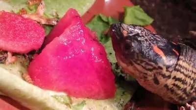 My little friend loving her melon
