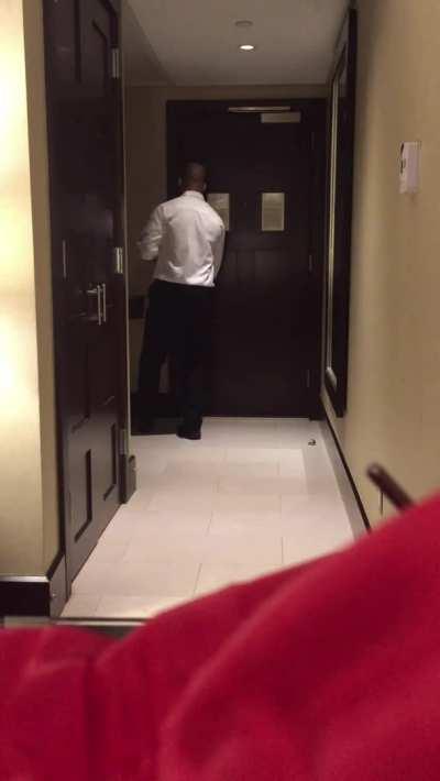 Dared to answer hotel room service in a thong and open button up shirt