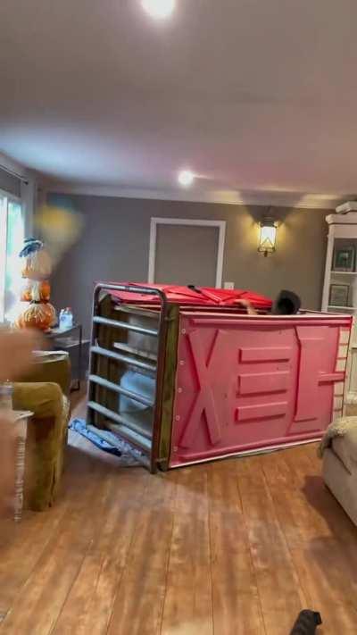 He uses a leaf blower on mom, then instantly regrets his prank when he hits his eye