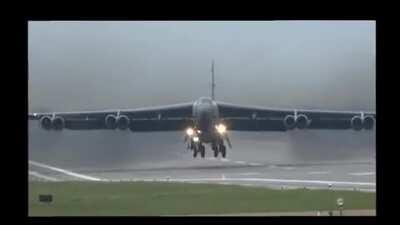 Slanted takeoff of USAF B-52H through crosswind from RAF Fairford