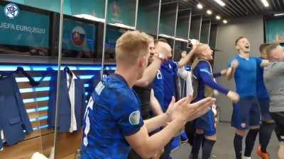 Team Slovakia celebrating the win against Poland with some folk music