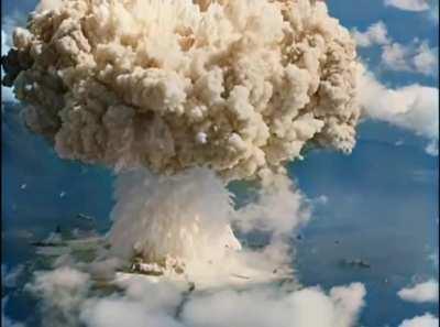 HD colorization of an underwater nuclear bomb test at Bikini Atoll in 1946.