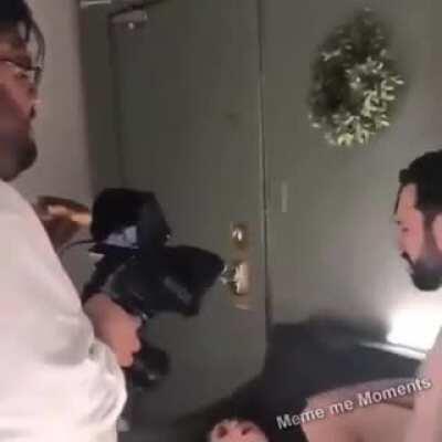 Camera guy feeds porn actor a donut during the filming of a scene