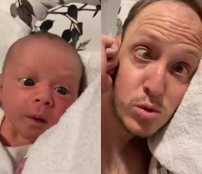 This dad imitates his baby daughter's faces.