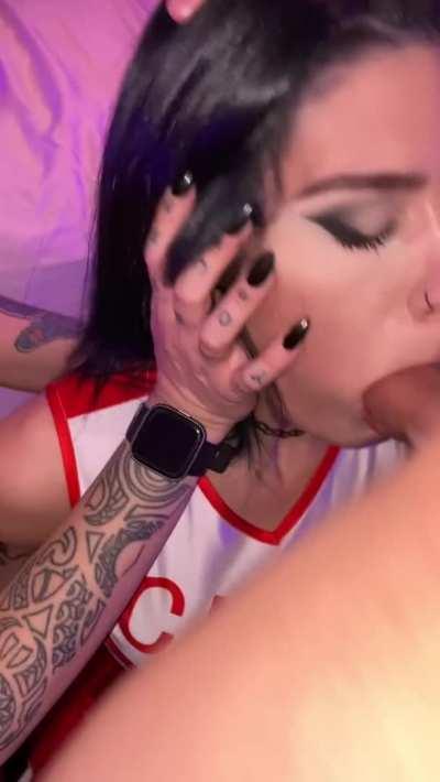 Two goth cheerleaders suck my cock