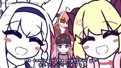 Hololive Animation: Coco sings to distract Cali w Watame and Fubuki ENG & JP Sub