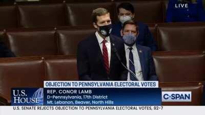 Rep Conor Lamb (D) triggers a seditious snowflake into fleeing the House floor in anger by identifying Republican rationale for overthrowing the election as unfounded lies and fake concern.