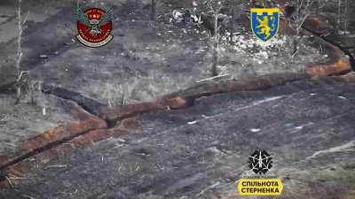 Ukrainian kamikaze drones hit ruZZian infantry and fortified trench positions by Tabaivka, Kharkiv Oblast. February 2024 (music from source)