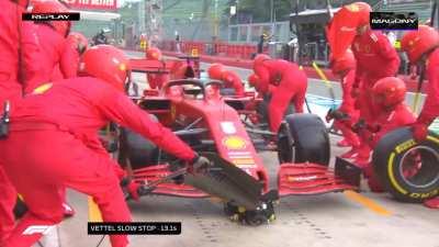 Ferrari very slow pit stop for Vettel (13.1 seconds)
