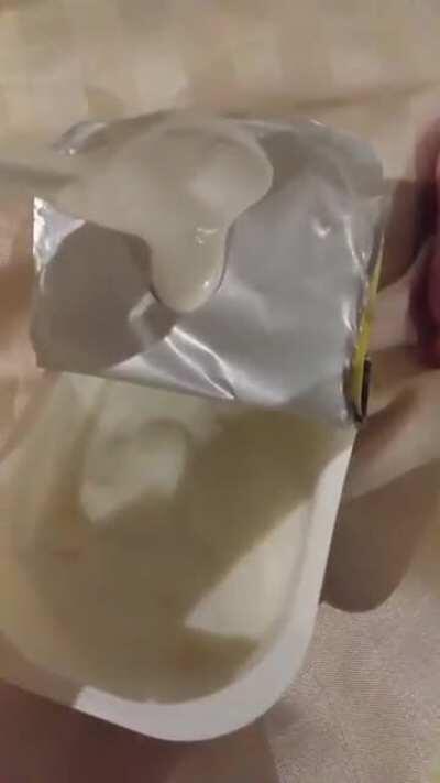 Japan makes stick-resistant packaging for food products to reduce residual waste. This is yogurt!