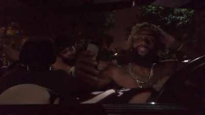 Players getting topped off by cheerleaders