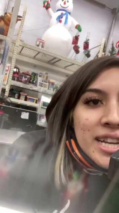 She's using the PA system to quit her shitty Walmart job