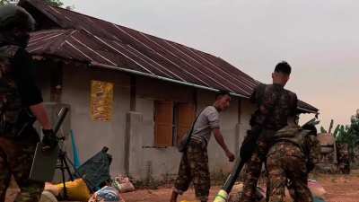 Combat edit of Myanmar (Burmese) junta propaganda showing troops attacking Ta'ang National Liberation Army positions (May 2025; music and effects from source)
