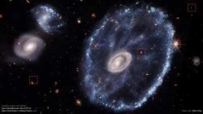 Two images of the Cartwheel galaxy taken 27 years apart by Hubble and JWST in visible to near-IR, marking 6 stars that have moved in that time. (Credit @markmccaughrean)