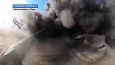 POV footage of Pro-Russian separatists tank running over a mine, Luhansk region
