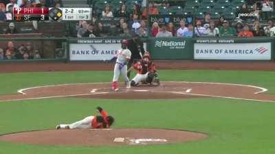 Johnny Cueto slips on an invisible banana peel