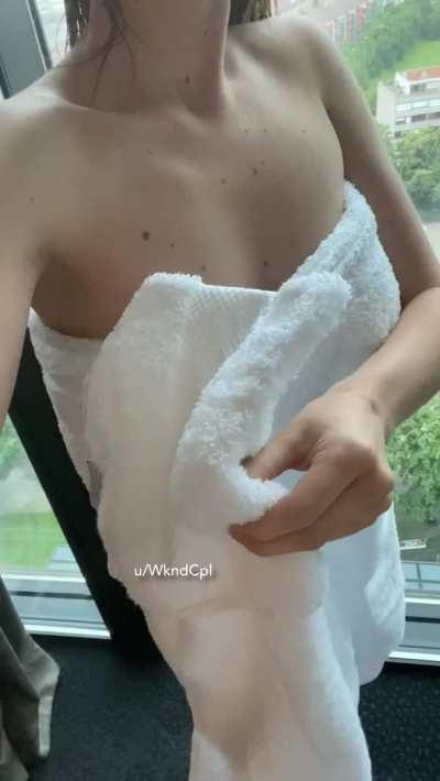 Towel drop in front of the huge hotel room window hoping someone saw.