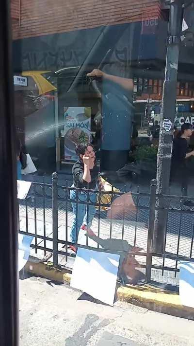 mujer rompe carteles invasivos del narco de Sergio Massa en la vía pública