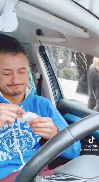 guy sits calmly while lady freaks out on him