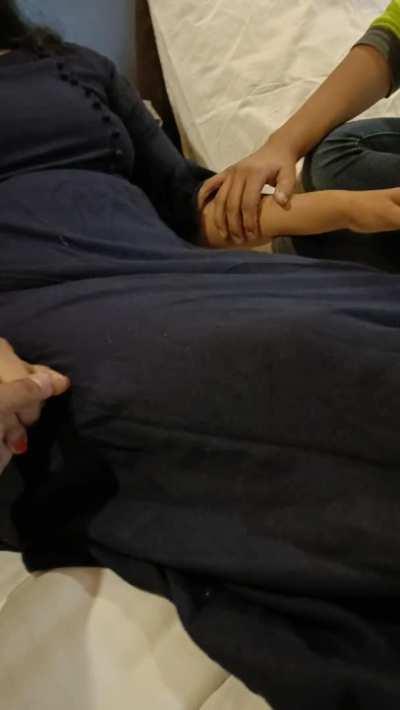 Caressing her to make her comfortable as it's her first time (recorded by husband )🥰