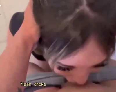Emo goth slut blowjob deepthroat rough face fuck cum swallow
