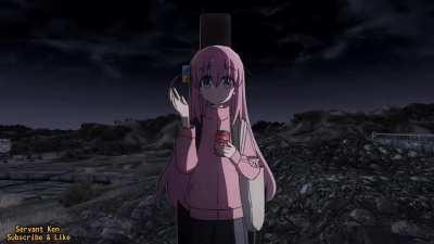 Nijika shows Bocchi something cool in front of Dinky the T-Rex