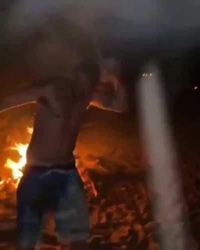 To crush beer can on head.