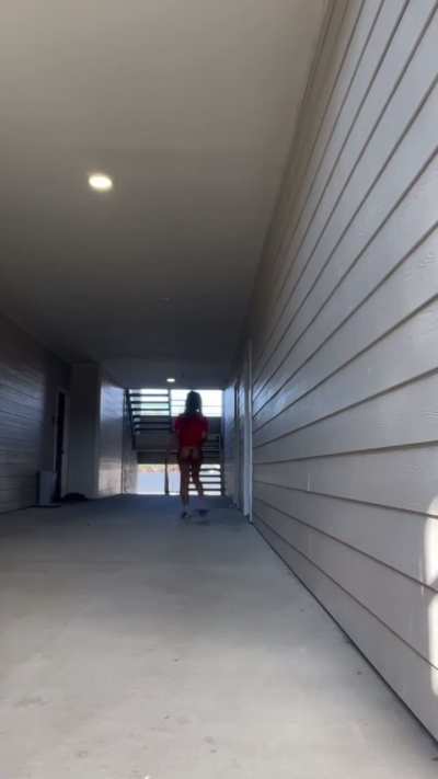 Petite Ebony Nude Walk in Apartment Hallway