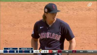 [Highlight] [Highlight] James Karinchak asks for a new ball, but the pitch clock isn't restarted resulting in an automatic ball.